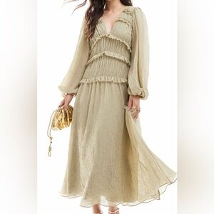 ASOS Olive Green Plunge Neck Midi Dress with Ruffles